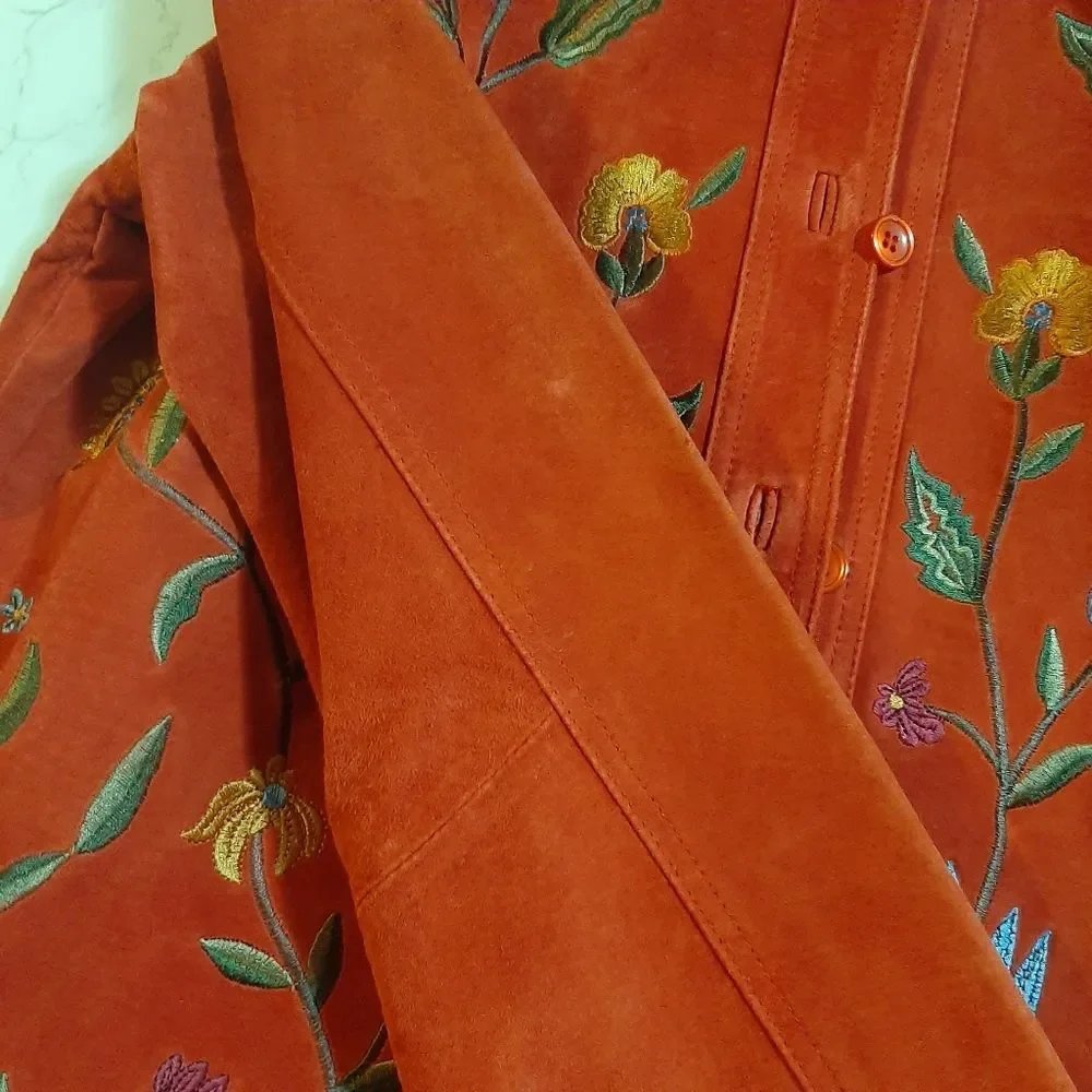 Brandon Thomas Cottagecore Red Orange Suede Novelty Floral Leather Jacket Small - Picture 12 of 13